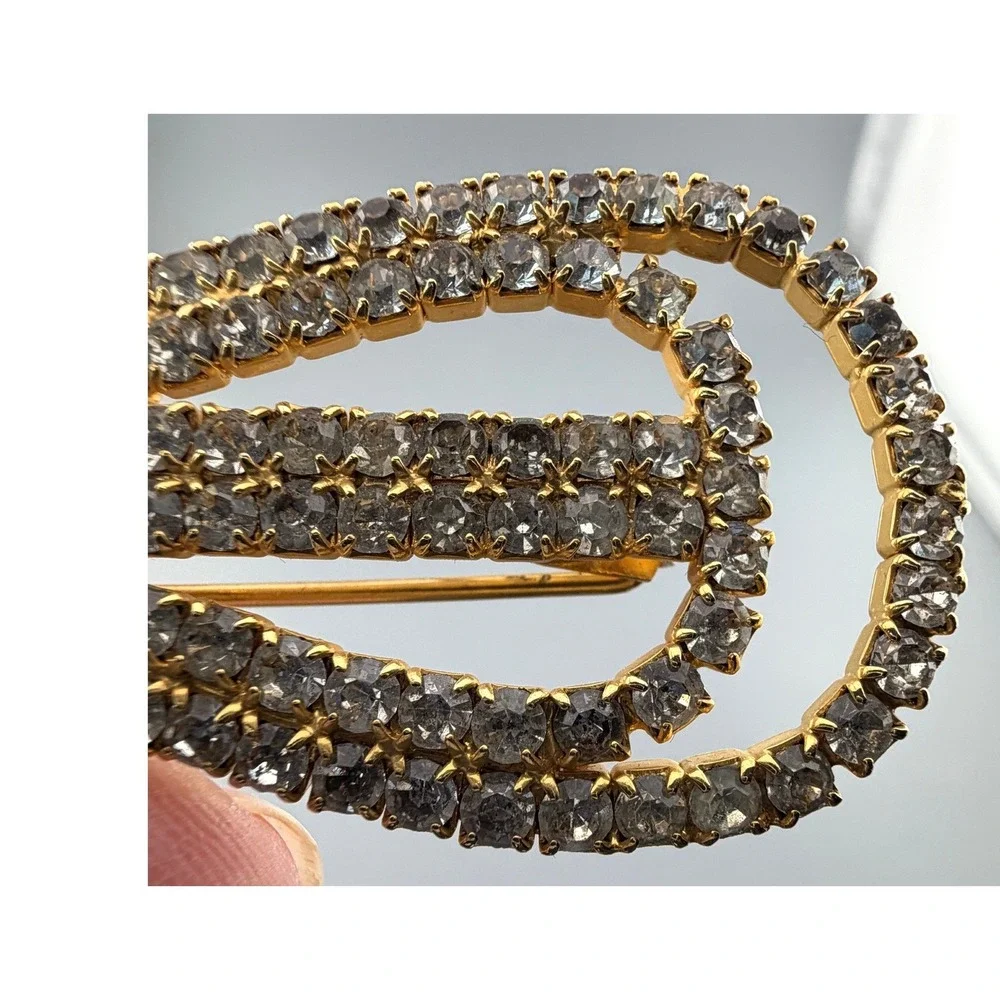 Vintage Hobe Rhinestone Bow Hair Barrette Gold Tone 3.5